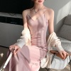 A-line satin sundress with inner and outer sexy bottoming skirt 47