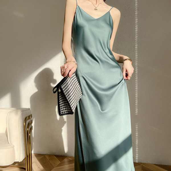 A-line satin sundress with inner and outer sexy bottoming skirt 47
