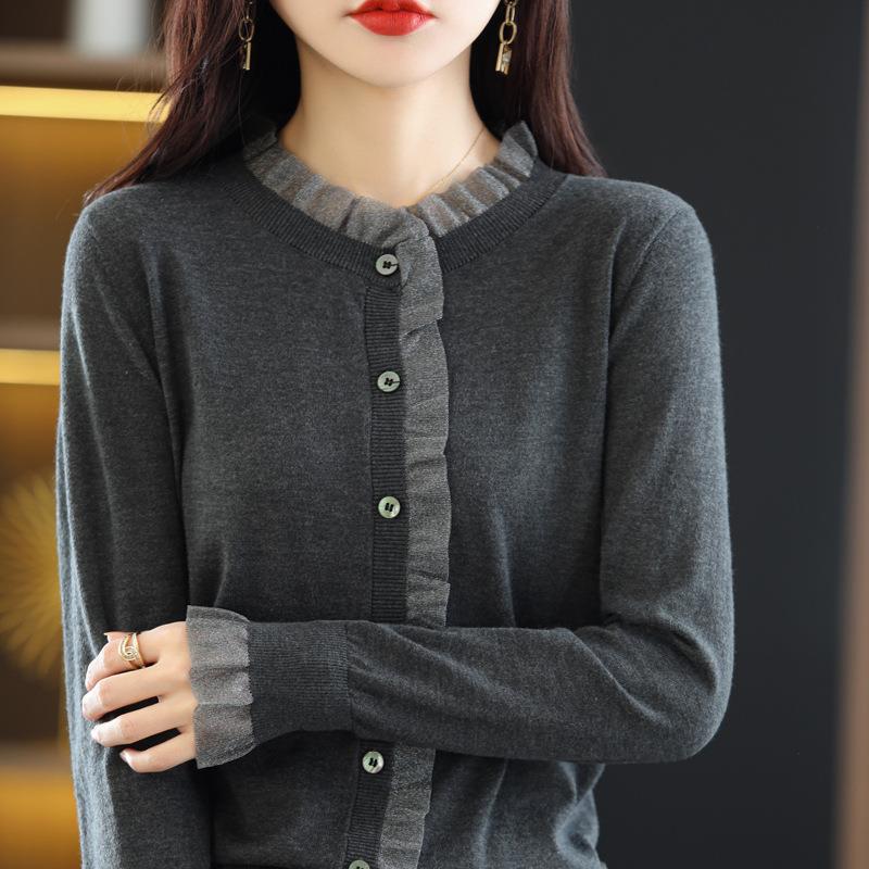 Root yarn splicing cardigan women's round neck bottoming shirt 15