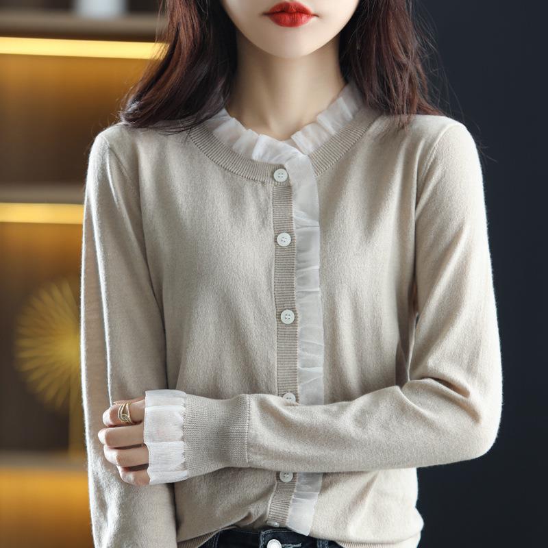 Root yarn splicing cardigan women's round neck bottoming shirt 15