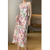 Sling Dress Women's Floral V-neck Printed A-Line Long Dress 05