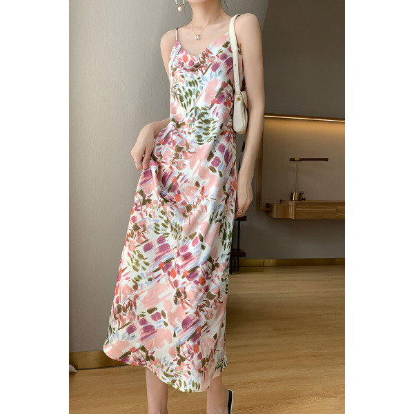 Sling Dress Women's Floral V-neck Printed A-Line Long Dress 05