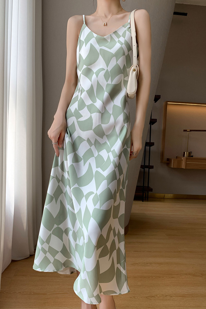 Sling Dress Women's Floral V-neck Printed A-Line Long Dress 05