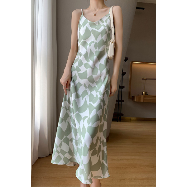 Sling Dress Women's Floral V-neck Printed A-Line Long Dress 05