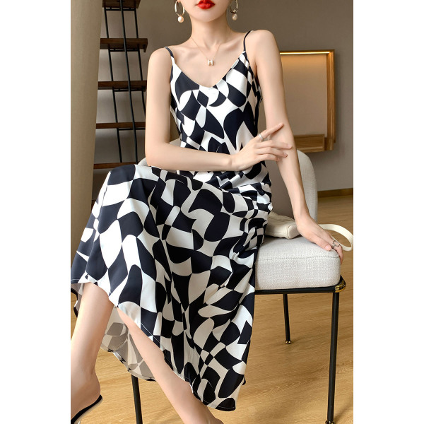 Sling Dress Women's Floral V-neck Printed A-Line Long Dress 05