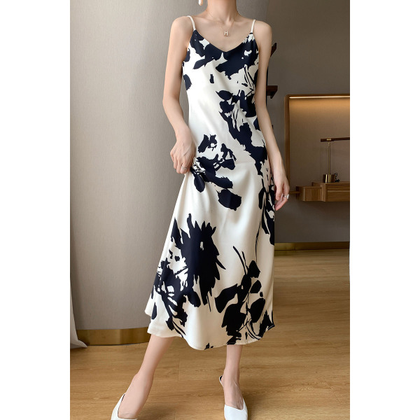 Sling Dress Women's Floral V-neck Printed A-Line Long Dress 05
