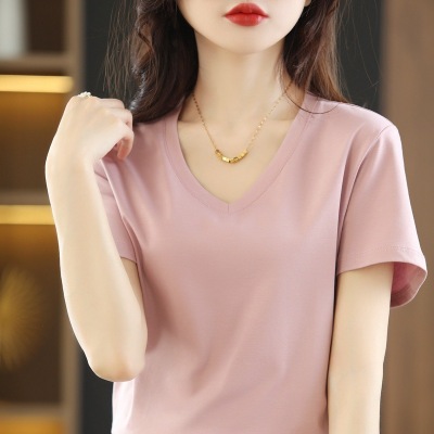V-neck front shoulder short-sleeved simple wind top 01