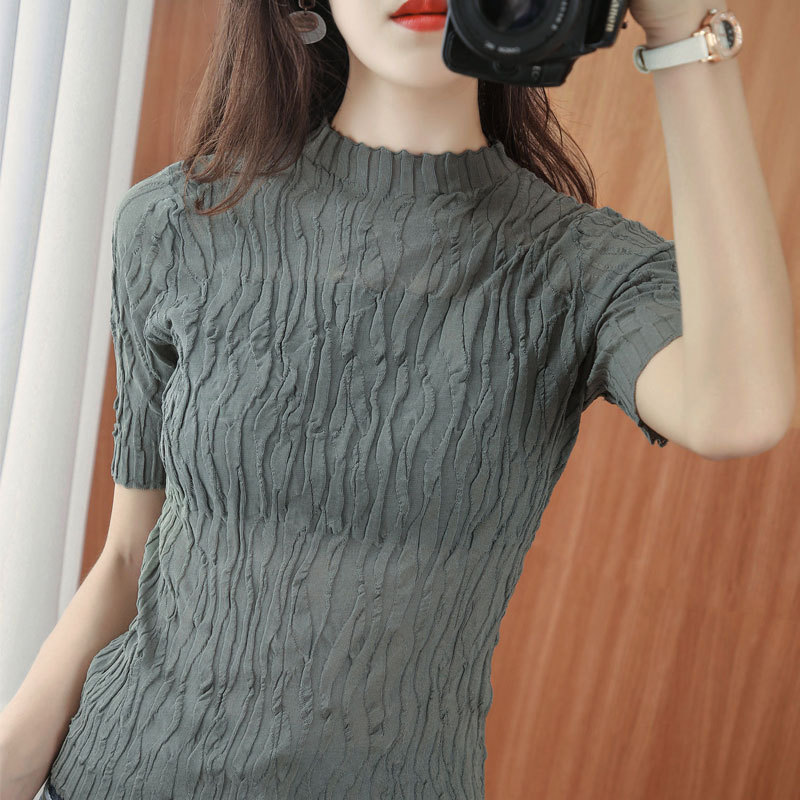 Women's five quarter sleeve cotton half turtleneck pleated slim half sleeves 27