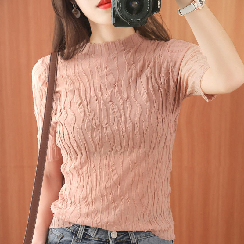 Women's five quarter sleeve cotton half turtleneck pleated slim half sleeves 27