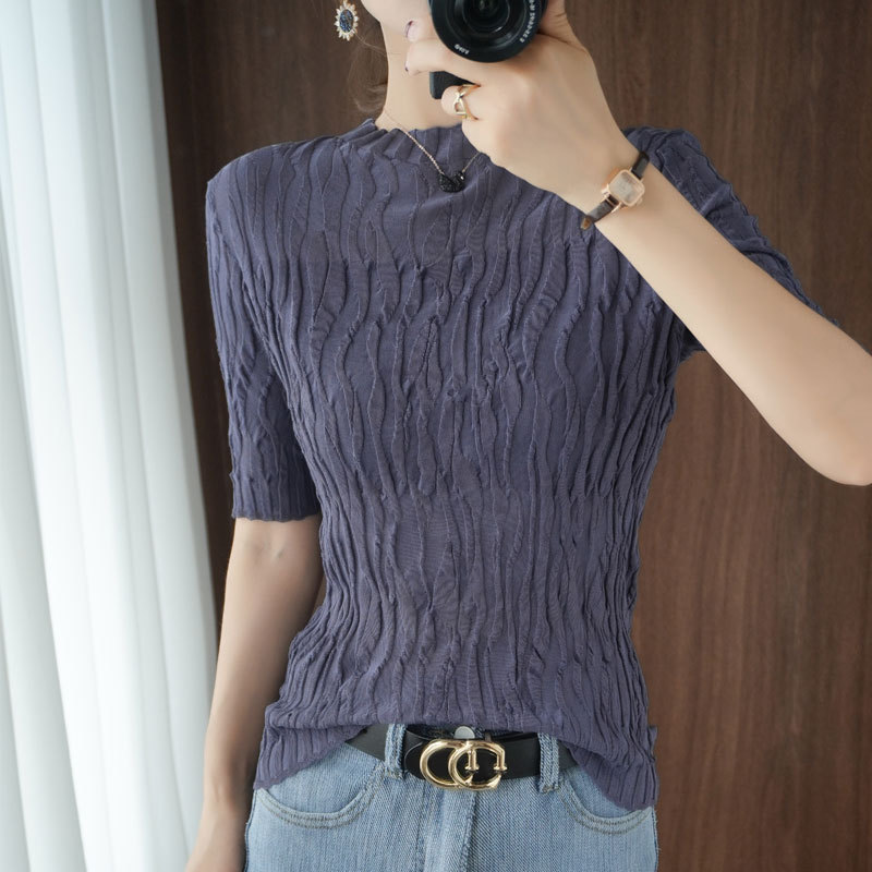 Women's five quarter sleeve cotton half turtleneck pleated slim half sleeves 27