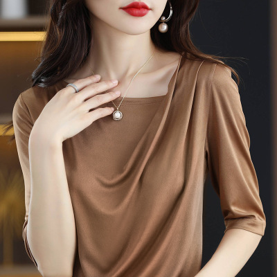 Women's silk t-shirt short sleeve thin elegant top 40