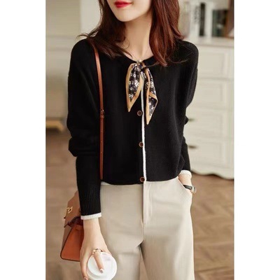 Women's wool cardigan round neck loose short knitted bottoming shirt 45