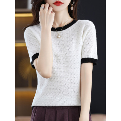 Color Block Round Neck T-Shirt Blouse Hollow Out Short Sleeves 72