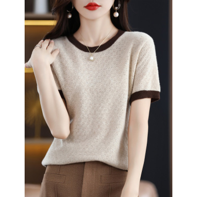 Color Block Round Neck T-Shirt Blouse Hollow Out Short Sleeves 72
