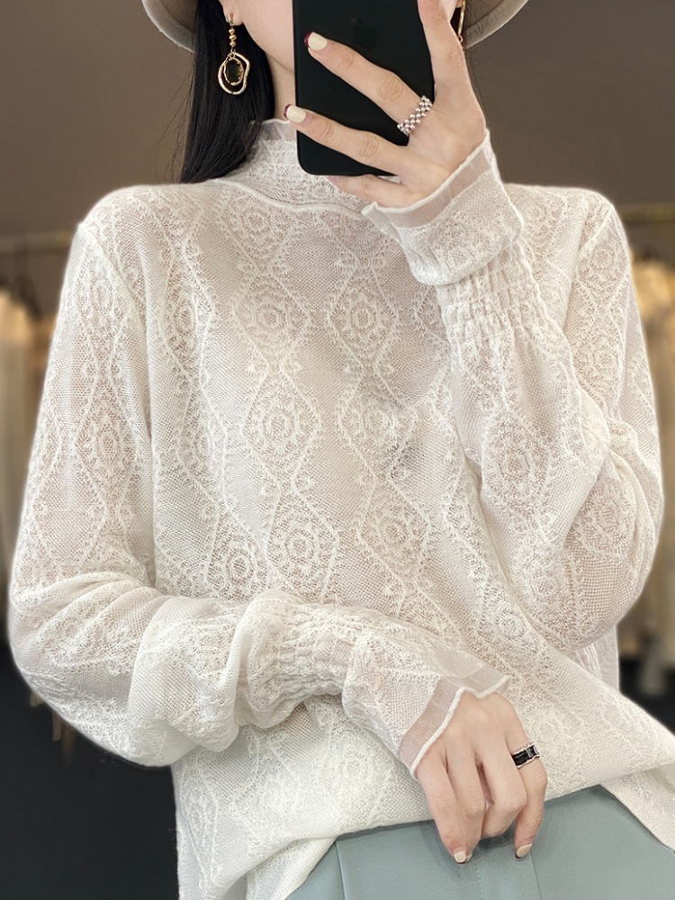 Hollow-out long-sleeved mid-high collar mesh bottoming shirt 74