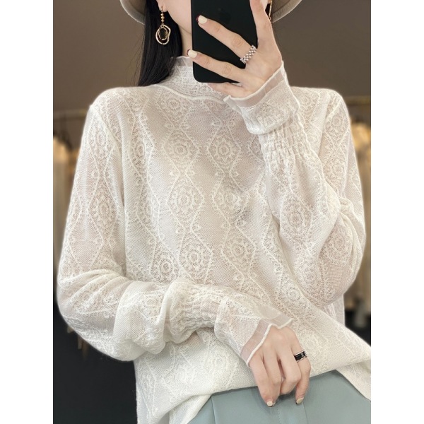 Hollow-out long-sleeved mid-high collar mesh bottoming shirt 74