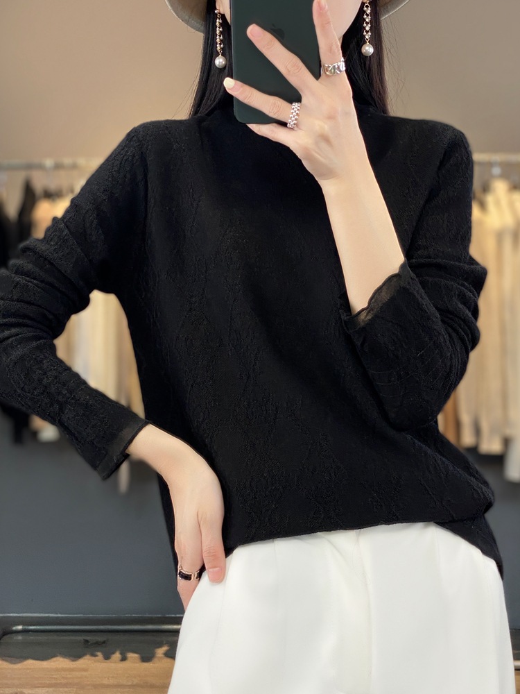 Hollow-out long-sleeved mid-high collar mesh bottoming shirt 74