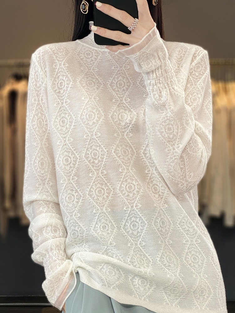 Hollow-out long-sleeved mid-high collar mesh bottoming shirt 74