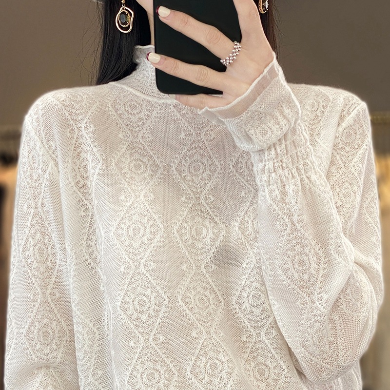 Hollow-out long-sleeved mid-high collar mesh bottoming shirt 74