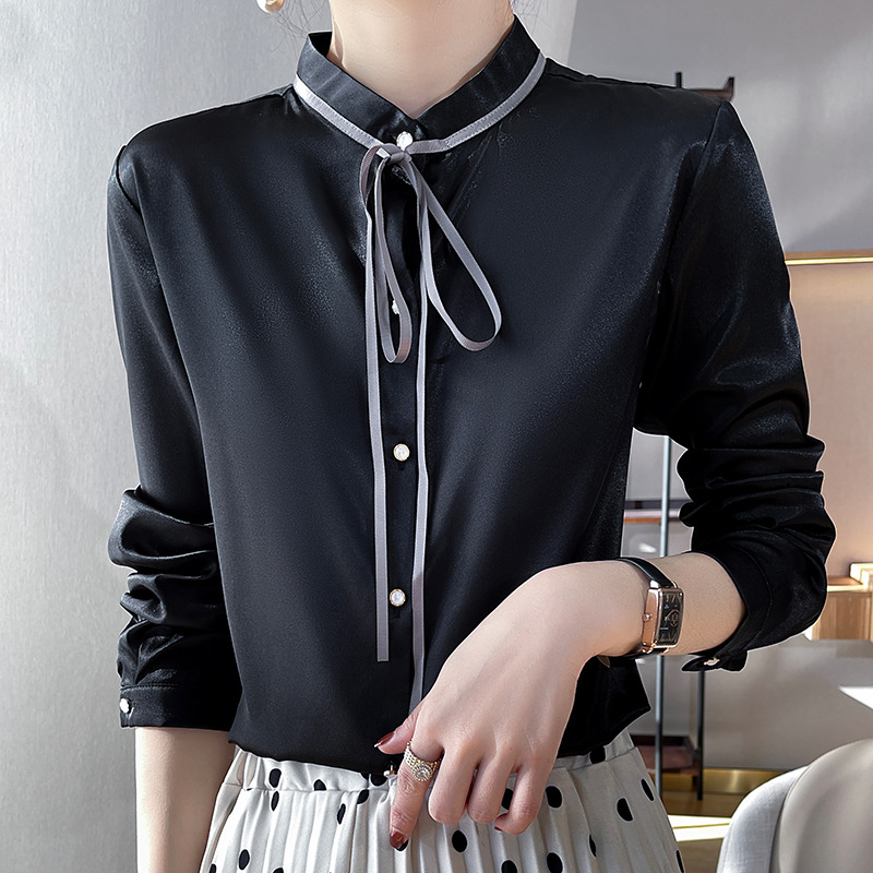 Ribbon Stand Collar Long Sleeve Satin Button Down Shirt 91