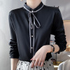 Ribbon Stand Collar Long Sleeve Satin Button Down Shirt 91