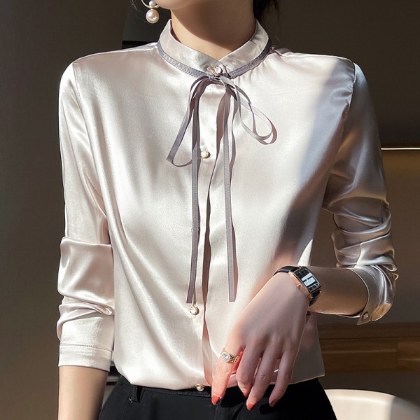 Ribbon Stand Collar Long Sleeve Satin Button Down Shirt 91