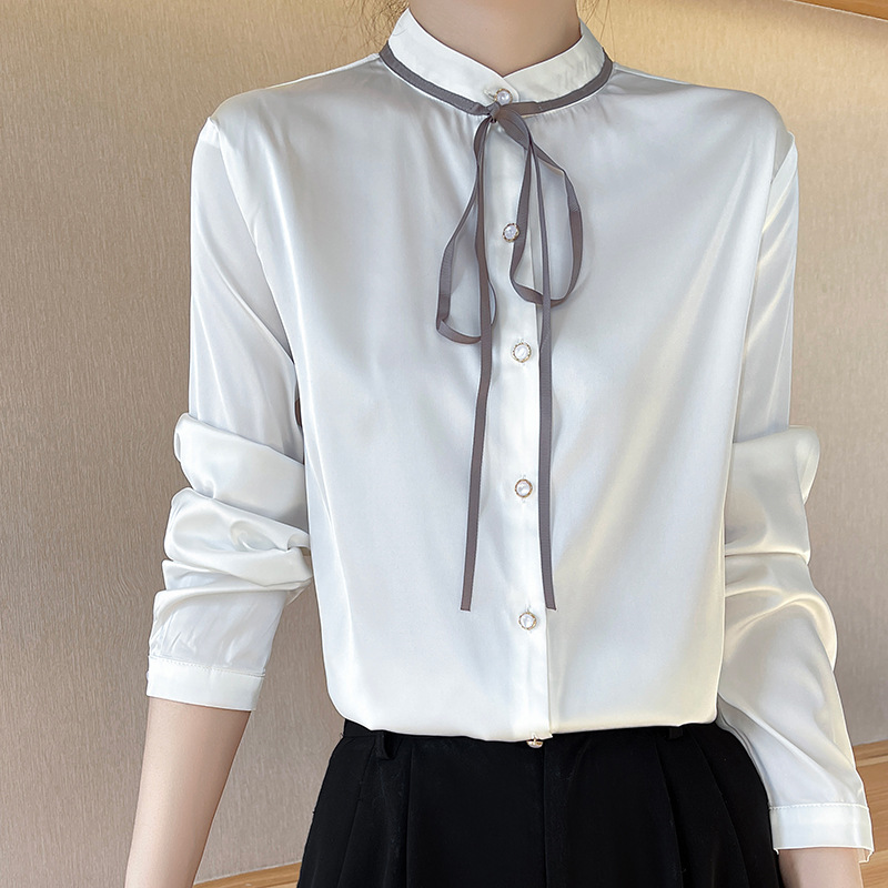 Ribbon Stand Collar Long Sleeve Satin Button Down Shirt 91