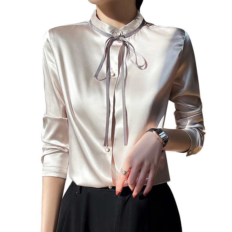 Ribbon Stand Collar Long Sleeve Satin Button Down Shirt 91