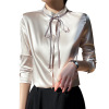 Ribbon Stand Collar Long Sleeve Satin Button Down Shirt 91