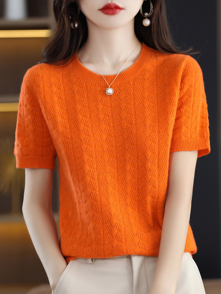 Round neck loose slim cardigan half sleeve t-shirt 51