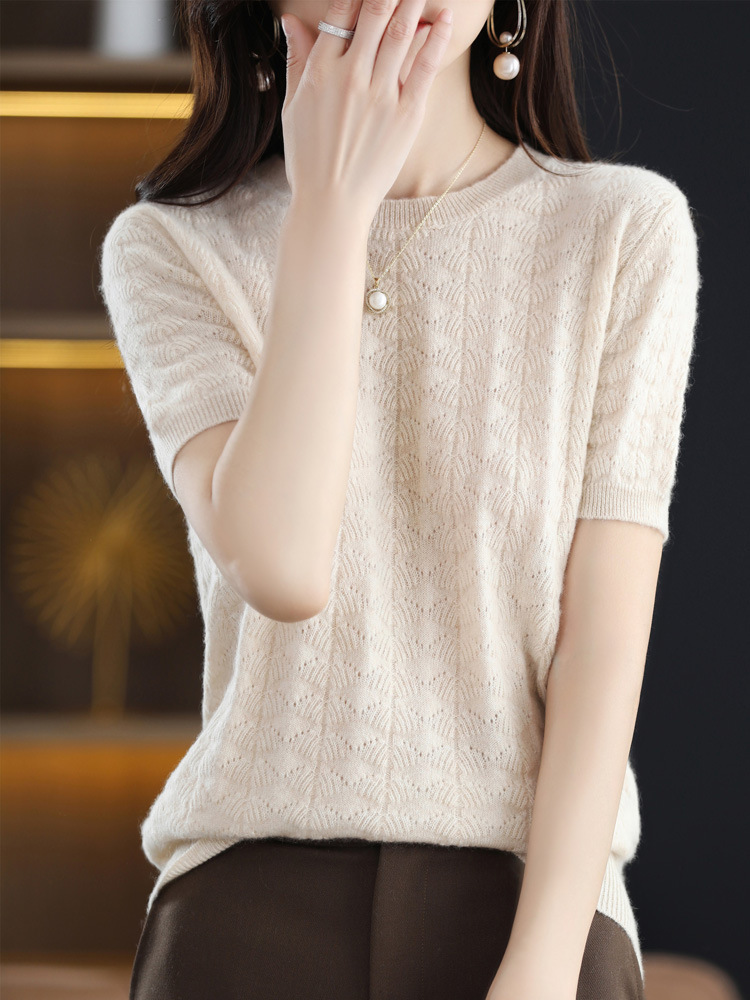 Round neck loose slim cardigan half sleeve t-shirt 51