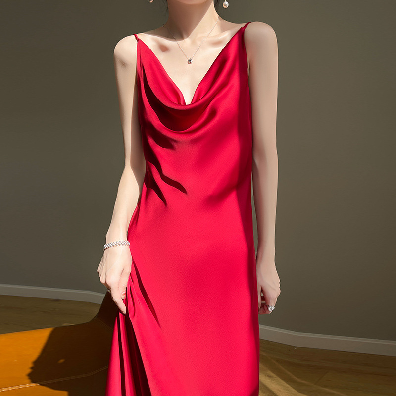 Sexy back strapless sleeveless silk satin A-line skirt 112