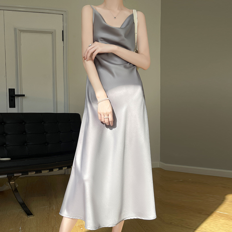 Sexy back strapless sleeveless silk satin A-line skirt 112