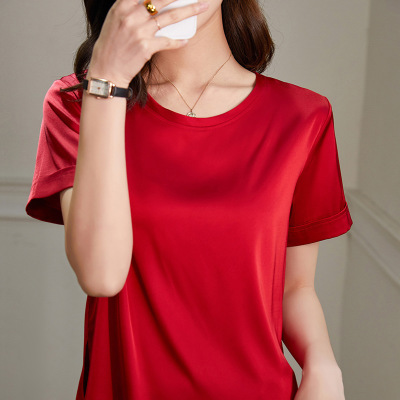 Silk satin slim round neck top loose temperament small shirt 145