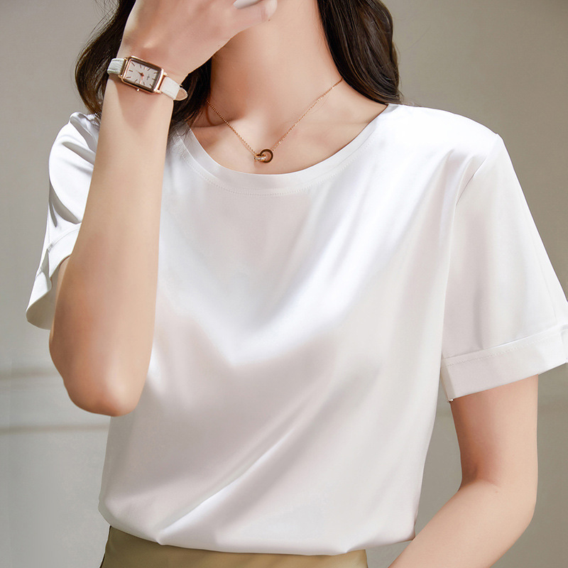 Silk satin slim round neck top loose temperament small shirt 145