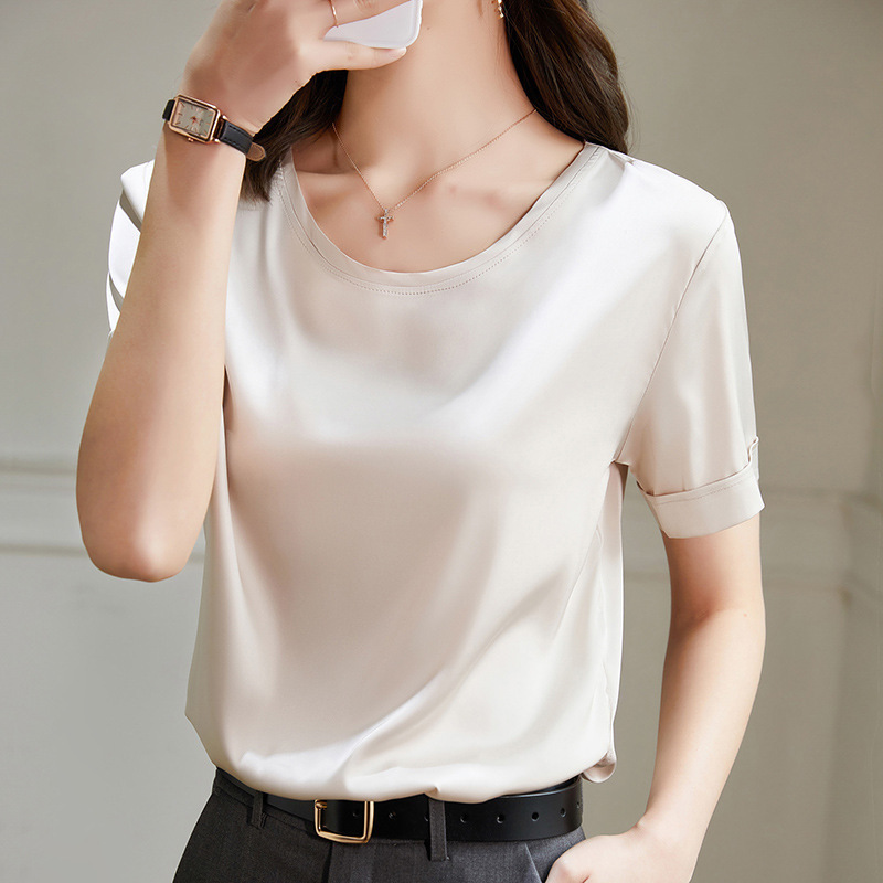 Silk satin slim round neck top loose temperament small shirt 145