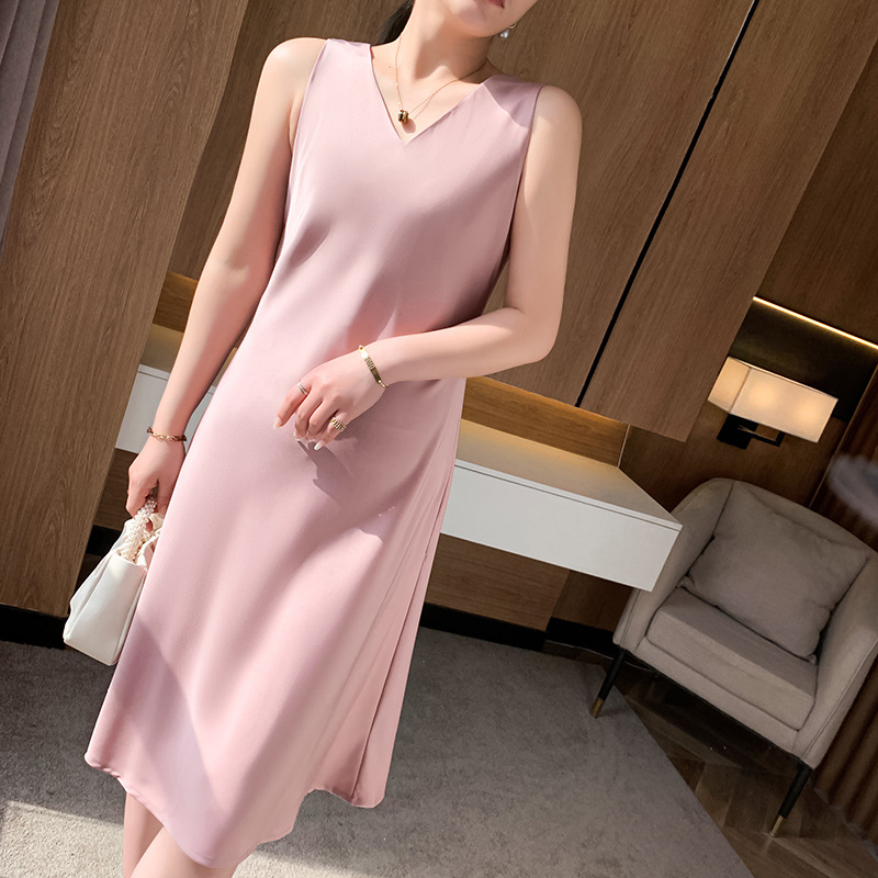 V-neck suspender mid-length skirt women's imitation mulberry silk dress 125