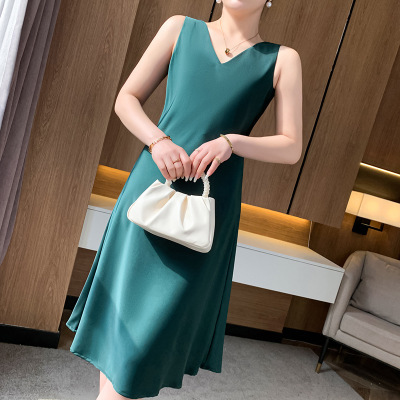 V-neck suspender mid-length skirt women's imitation mulberry silk dress 125