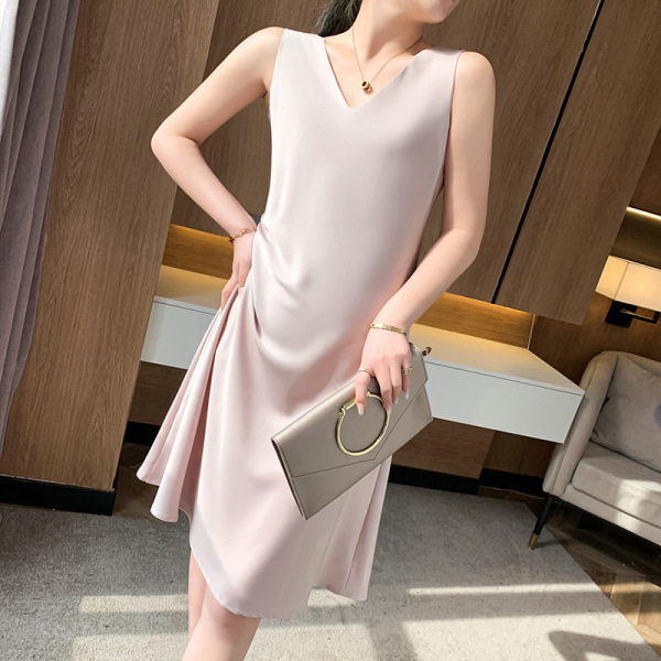 V-neck suspender mid-length skirt women's imitation mulberry silk dress 125