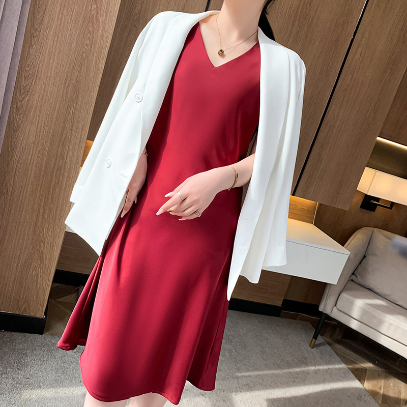 V-neck suspender mid-length skirt women's imitation mulberry silk dress 125