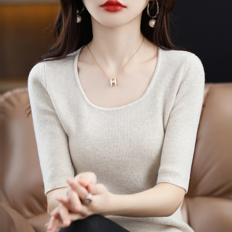 Water drop collar T-shirt fashion simple atmosphere slim fit mid-sleeve top 84