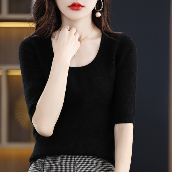 Water drop collar T-shirt fashion simple atmosphere slim fit mid-sleeve top 84