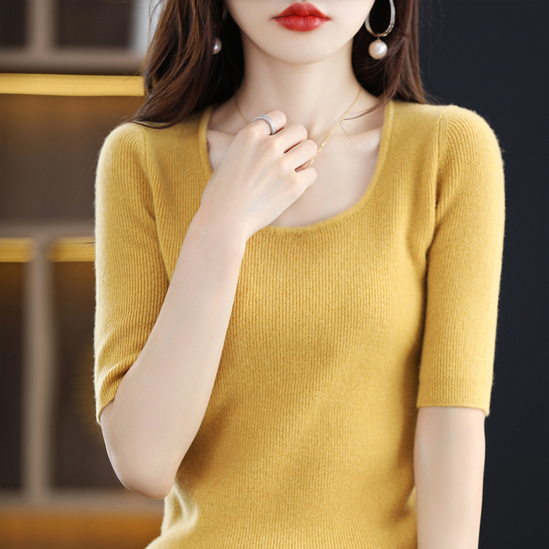 Water drop collar T-shirt fashion simple atmosphere slim fit mid-sleeve top 84