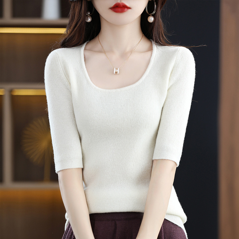 Water drop collar T-shirt fashion simple atmosphere slim fit mid-sleeve top 84