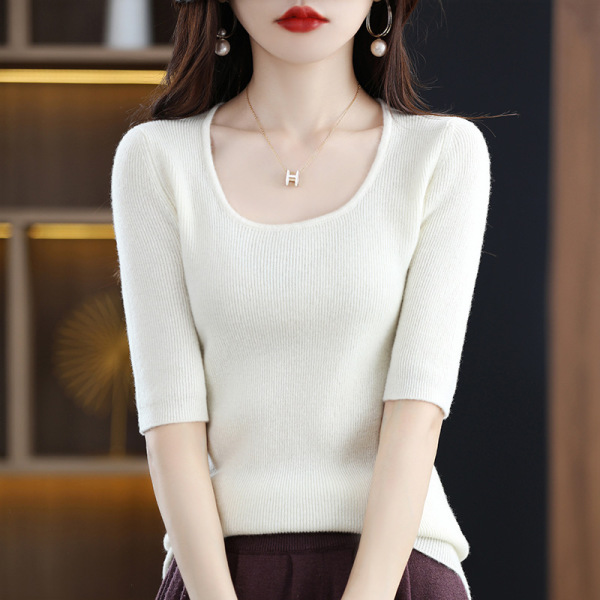 Water drop collar T-shirt fashion simple atmosphere slim fit mid-sleeve top 84