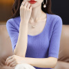 Water drop collar T-shirt fashion simple atmosphere slim fit mid-sleeve top 84