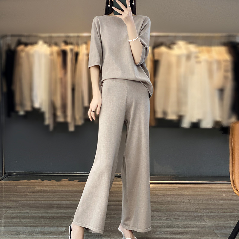 women's loose round neck short sleeve wide leg pants 61