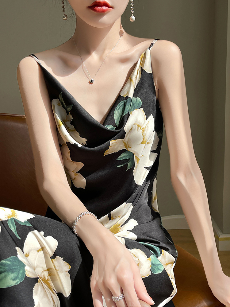 women's mid length knee length sleeveless printed suspender dress 133