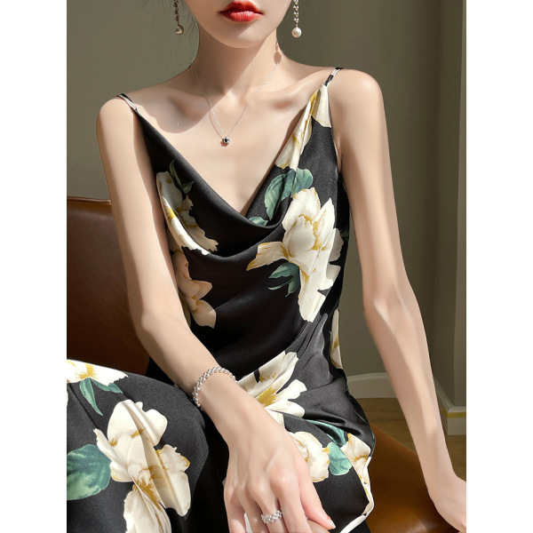 women's mid length knee length sleeveless printed suspender dress 133