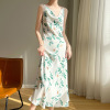 women's mid length knee length sleeveless printed suspender dress 133